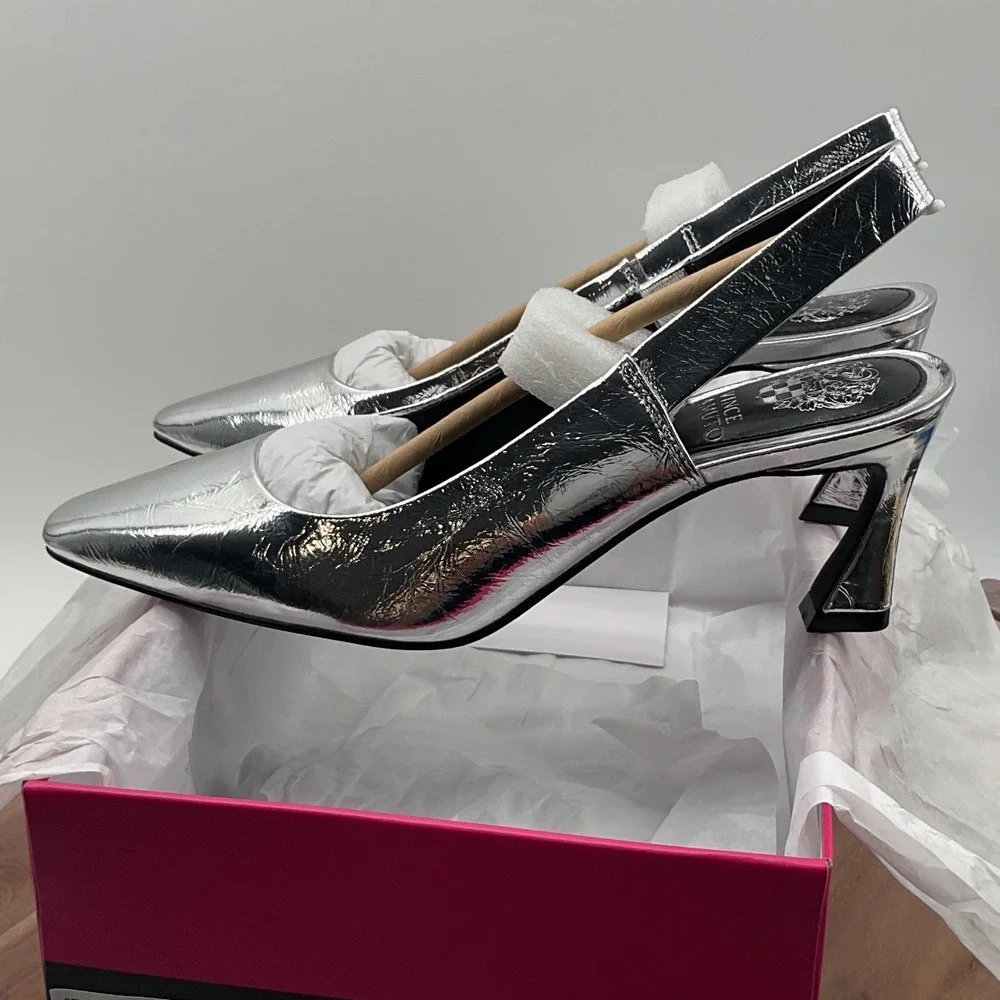 Vince Camuto Silver Metallic Slingback Pumps Square Toe Flared Heel New